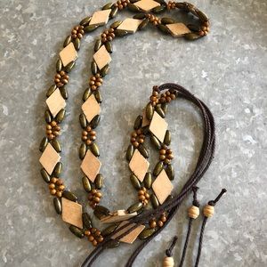 Boho Wooden Bead and Leather Diamond Belt - Brown/Tan